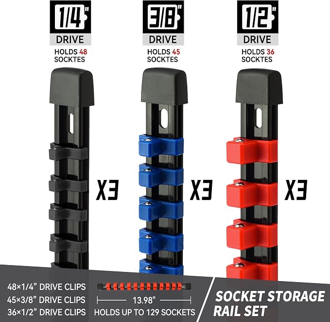Socket Organizer Drive ABS Tools-Socket Holder, 3/8-Inch x 45 Clips, 1/2-Inch x - Image 2