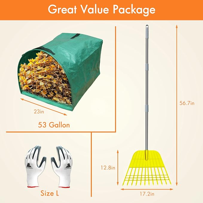 Gardzen 12 Tines Gardening Leaf Rake, Lightweight Steel Handle, Detachable - Image 2