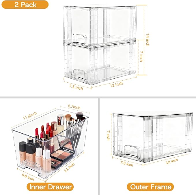 2 Pack Large Stackable Storage Drawers, Acrylic Bathroom Undersink Closet - Image 3