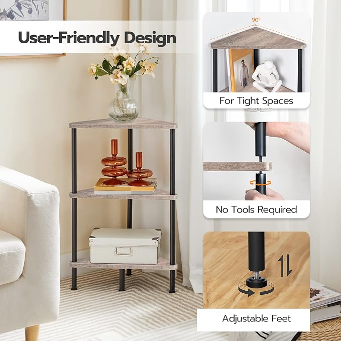 HOOBRO Corner Shelf Stand, Industrial 3-Tier Wall Corner Bookshelf - Image 5