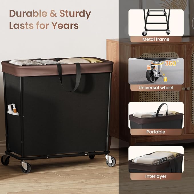 320L Laundry Basket with Wheels, 3-Section Rolling Hamper - Image 6