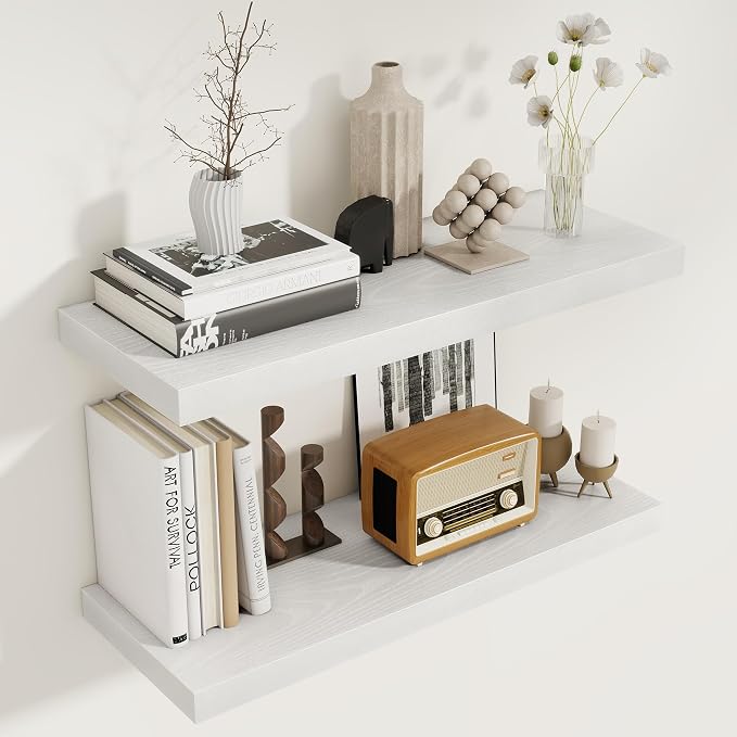 White Floating Shelves for Wall, 27.5 Inch Bathroom Shelves Set of 2, Rustic by FunMemories