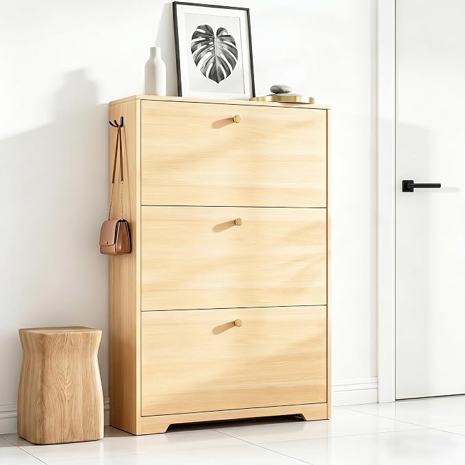 Nicetree Shoe Cabinet with 3 Flip Drawers, Entryway Storage, Natural Oak | by Nicetree