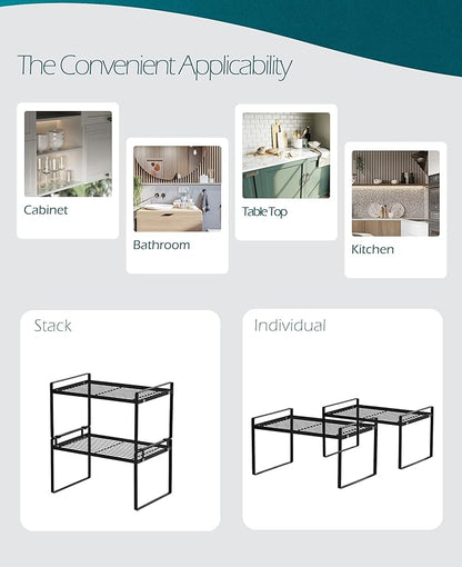 2 Pack Kitchen Cabinet Shelf Counter Organizer Rack Pantry Storage Bathroom - Image 4