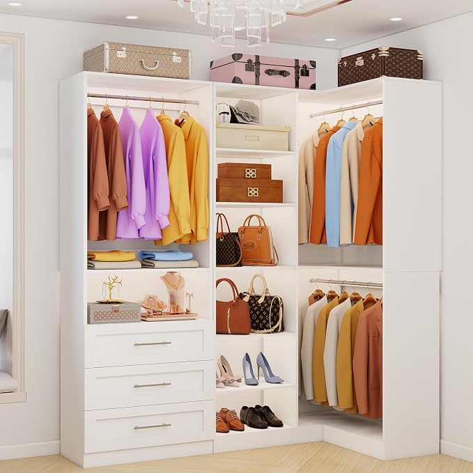 Closet System with 3 Drawers, Corner Closet Organizer Systems with 7 Shelves & by Dooloric