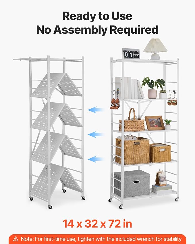 VEVOR 5-Tier Foldable Storage Shelf, 32W x 14D x 72H Inch Folding Metal Rack - Image 4