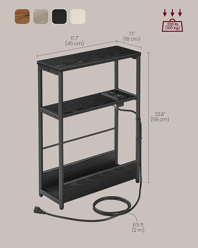 VASAGLE Side Table with Charging Station, Narrow End Table, 3-Tier Nightstand - Image 3