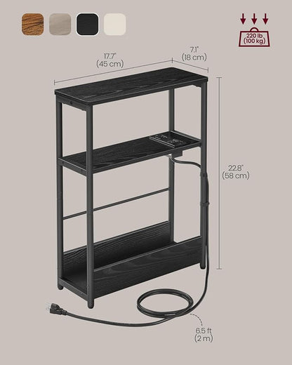 VASAGLE Side Table with Charging Station, Narrow End Table, 3-Tier Nightstand - Image 3