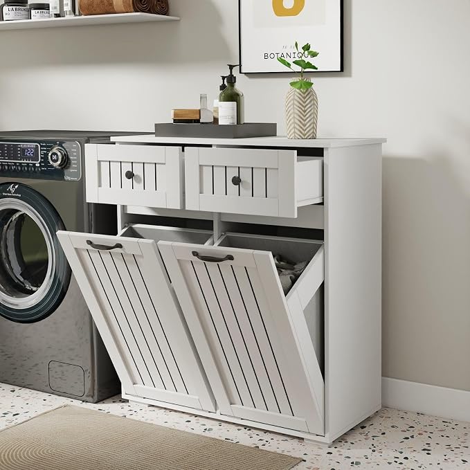 Laundry Hamper Cabinet with 2 Baskets & 2 Drawers, 31.5" Bathroom Clothes - Image 4