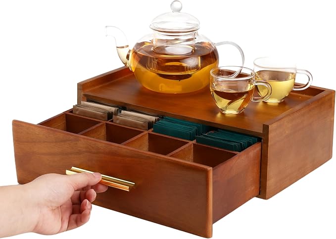 Tea Bag Organizer for Counter – Easy Pull Drawer, Anti-Slip Pads, Wooden Tea - Image 6