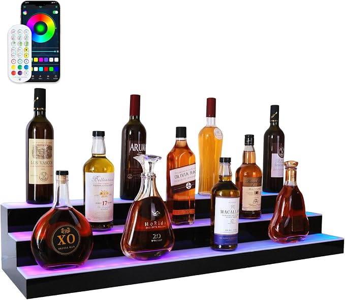 Led Lighted Liquor Bottle Display Shelf, 30 Inch 3 Tier Whiskey Rack, Support by LEEKIMID