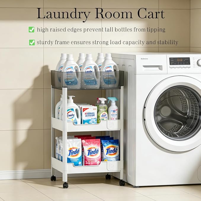 3 Tier Rolling Cart with Wheels 4.7'' Deep Baskets Bathroom Storage Shelf Heavy - Image 4