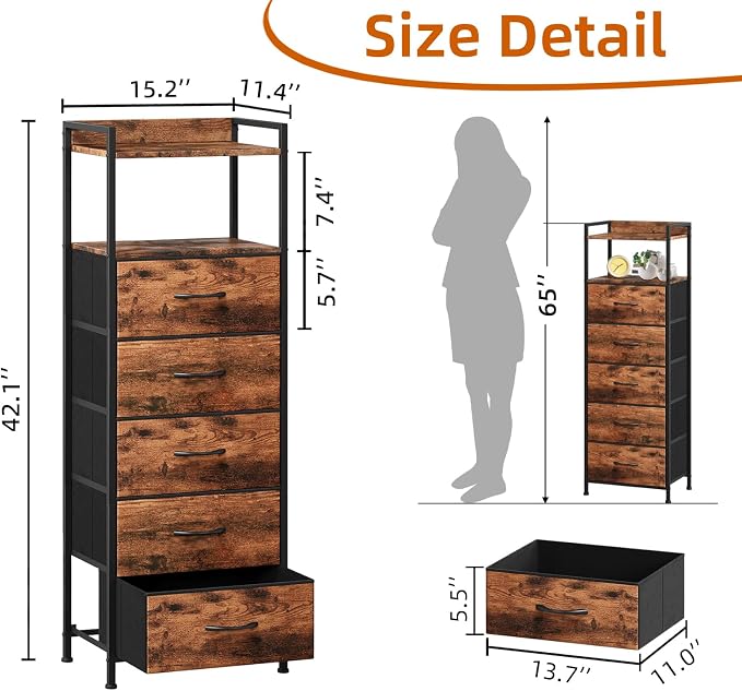 Somdot Tall Nightstand with 5 Drawers, Vertical Fabric Dresser - Image 3