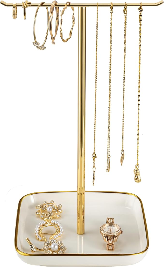 Jewelry Holder Stand with Ceramic Base: 12" Tall Necklace Organizer Rack by Josmimic