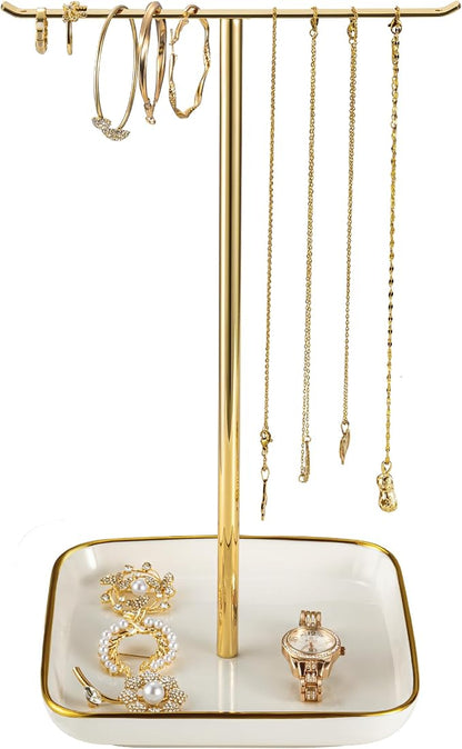 Jewelry Holder Stand with Ceramic Base: 12" Tall Necklace Organizer Rack by Josmimic