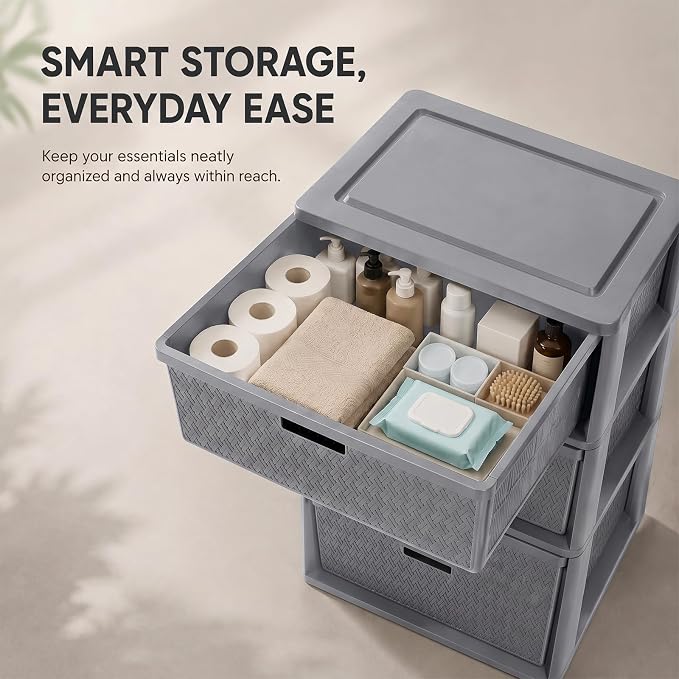 Wide 3 Drawer Plastic Storage Tower Organizer, Tool-Free Assembly Drawer Unit - Image 5