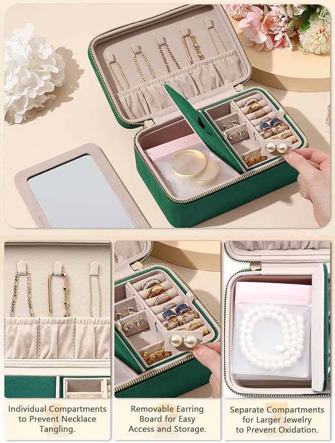 Velvet Travel Jewelry Box with Large Mirror, Double-Layer Jewelry Organizer Case - Image 3