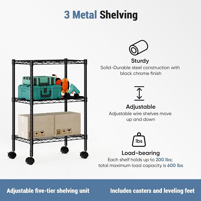 DUMOS 3-Tier Metal Storage Shelves, Adjustable Shelving Unit, Standing Closet - Image 5