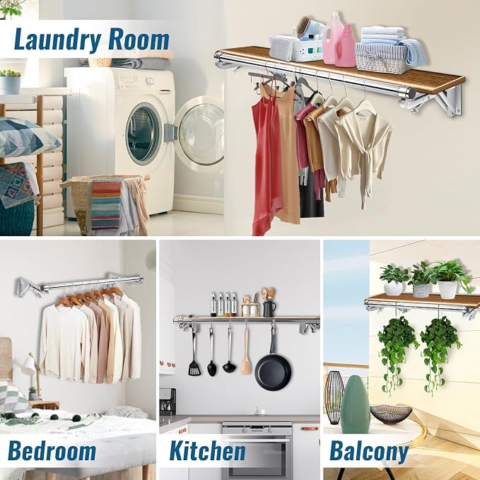 Foldable Wall Mounted Clothes Rack-30'' Long Rod&2 Thick Bases, Stainless Steel - Image 2