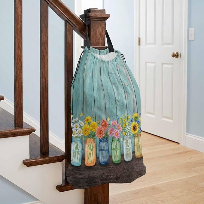 Spring XL Laundry Bag Flower in Bottle Butterfly Vintage Wood Grain Machine - Image 4