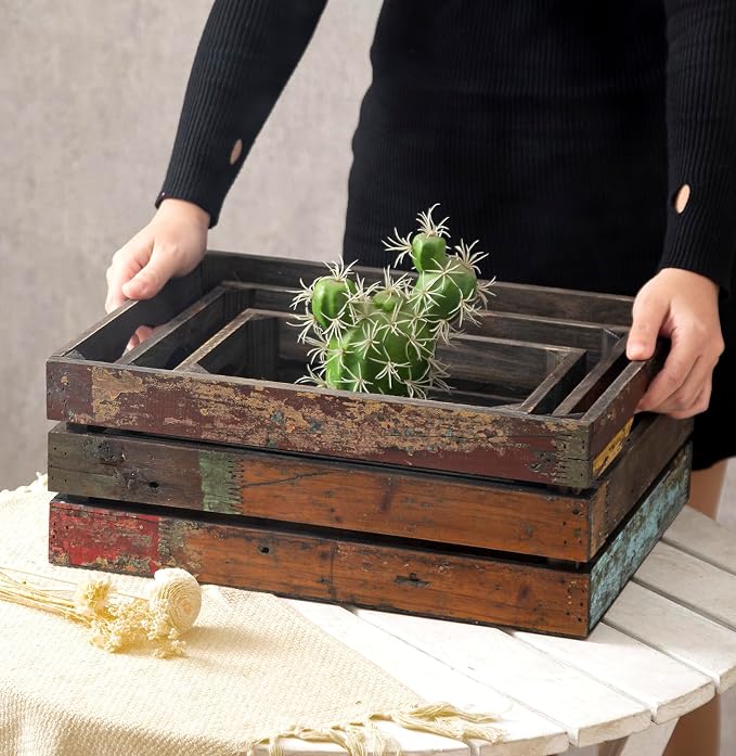 TIMRIS Set of 3 Rustic Distressed Wood Nesting Crates, Farmhouse Decorative - Image 3