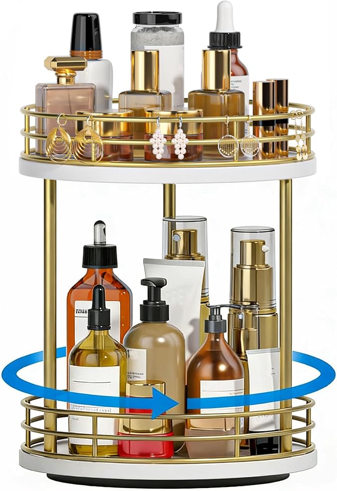 2-Tier Rotating Bathroom Countertop Organizer, Wooden Makeup Vanity Storage by Yelinkws
