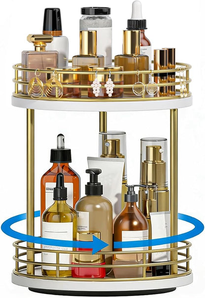 2-Tier Rotating Bathroom Countertop Organizer, Wooden Makeup Vanity Storage by Yelinkws