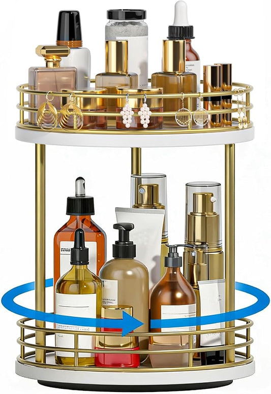 2-Tier Rotating Bathroom Countertop Organizer, Wooden Makeup Vanity Storage by Yelinkws