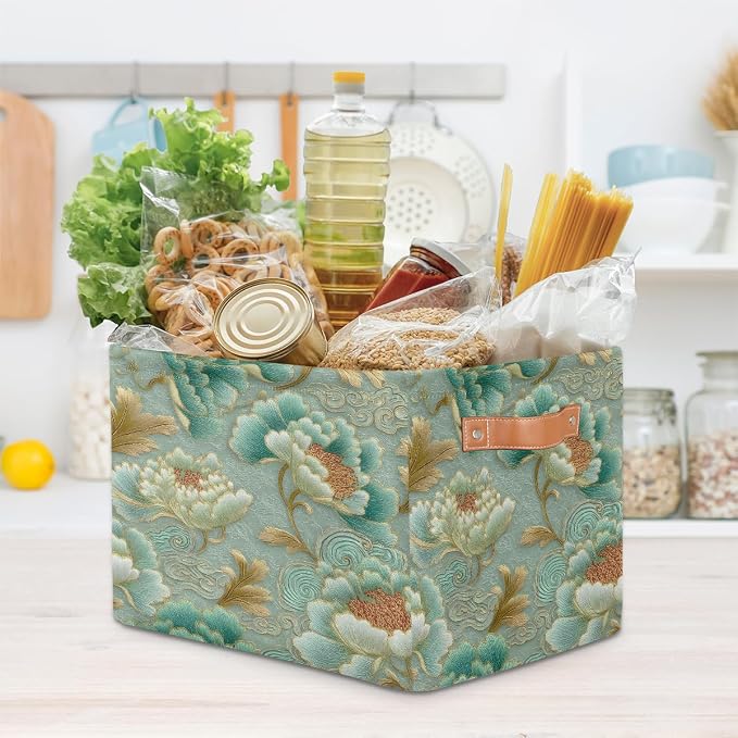 Pardick Teal Flower Floral Basket Storage Bins Large Fabric Toys Storage Cube - Image 7