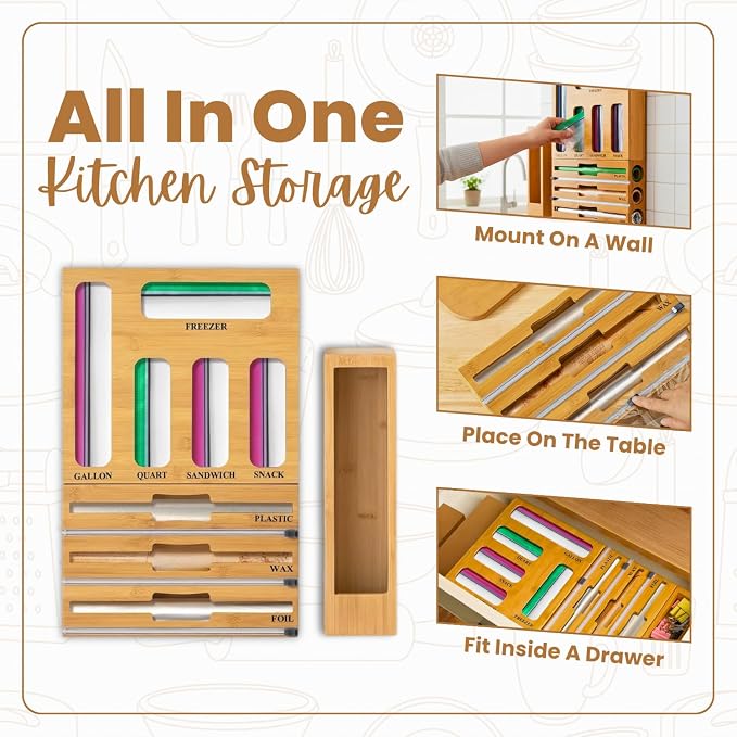 9 in 1 Storage Bag Organizer for Kitchen Drawer, Bamboo Foil and Plastic Wrap - Image 4