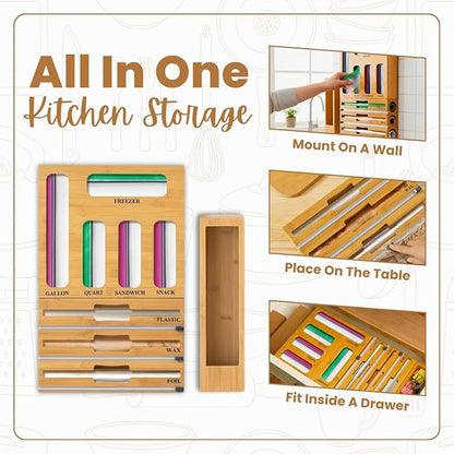 9 in 1 Storage Bag Organizer for Kitchen Drawer, Bamboo Foil and Plastic Wrap - Image 4