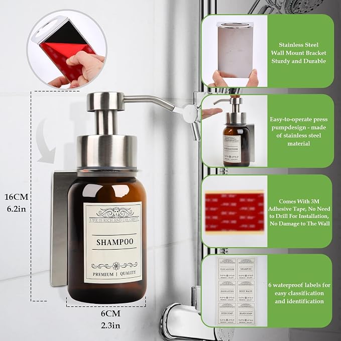 Hand Soap Dispenser, 8.5 Oz Wall Mounted Shampoo and Conditioner Dispenser and - Image 4