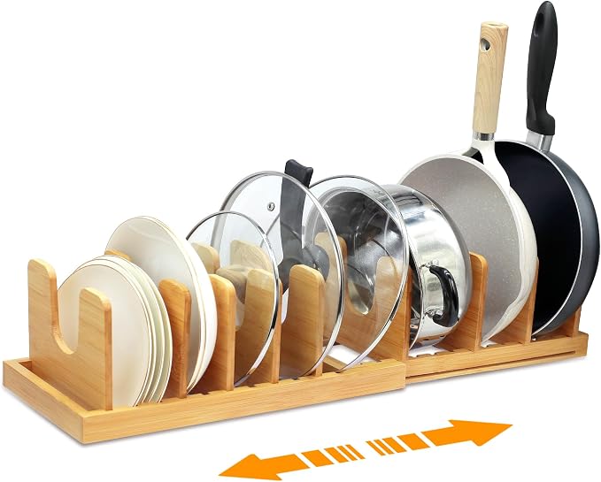 MinBoo Bamboo Expandable Pot Lid Organizer, Pot and Pan Organizer Drawer by MinBoo