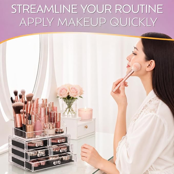 Brookstone Makeup Organizer Countertop, Cosmetic Display Case, Acrylic Makeup - Image 3