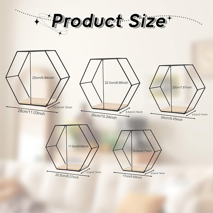 Wall Mounted Hexagonal Floating Shelves Black Set of 5 in Different Sizes - Image 3
