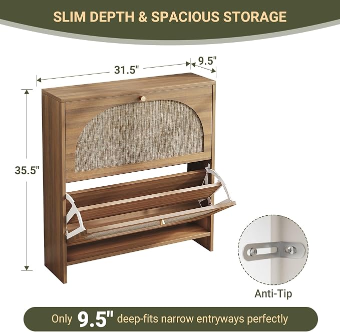 Nicetree Freestanding Ultra Slim Arched Rattan Accent Shoe Storage Cabinet - Image 2