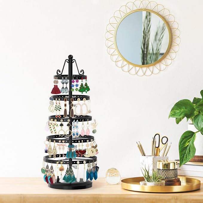 MODOWEY 5 Tiers Metal Rotating Earring Holder Organizer Tree Display, Round | - Image 7