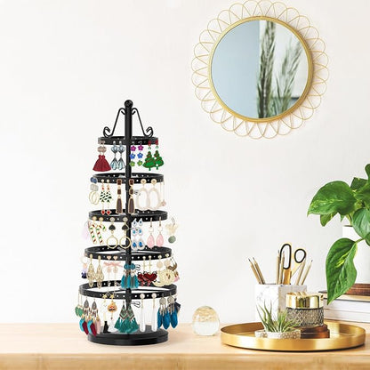 MODOWEY 5 Tiers Metal Rotating Earring Holder Organizer Tree Display, Round | - Image 7