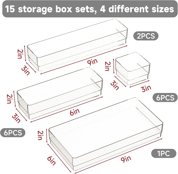 15 PCS Clear Plastic Drawer Organizer Set, 4 Sizes Acrylic Drawer Storage Trays - Image 2