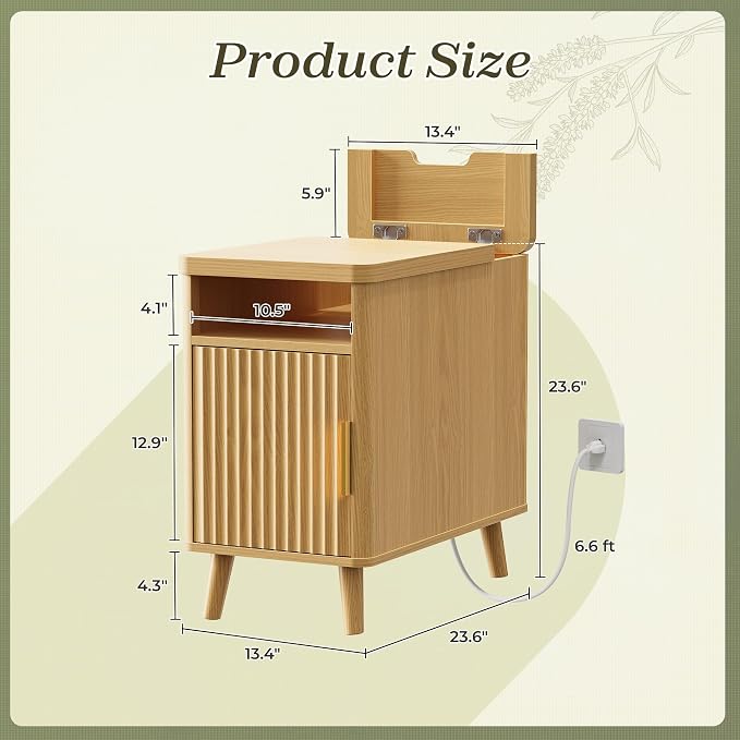 Huuger Narrow Nightstand with Charging Station, USB-C Port, Fluted End Table - Image 2
