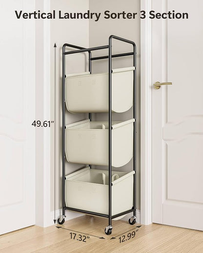 3 Section Laundry Sorter with Removable Bags, 120L Rolling Vertical Laundry - Image 8