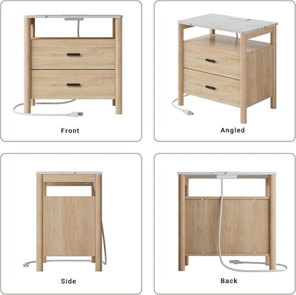Night Stand with Charging Station, 2 Drawers End Table with Solid Round Post - Image 7