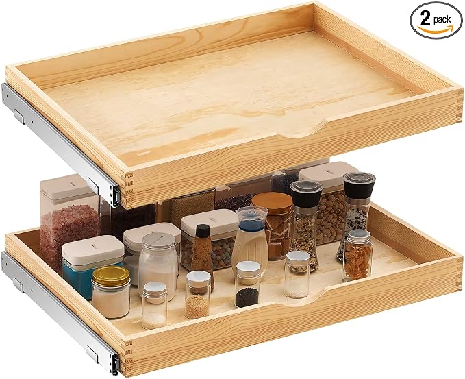 Menkxi 2 Set Pull out Tray Cabinet Organizer Wooden Pull Drawers storage Slide by Menkxi