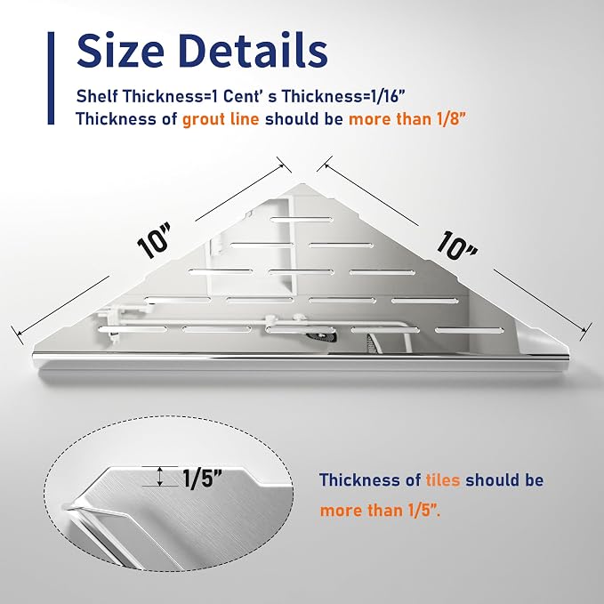 Corner Shower Shelf 10" Polished 304 Stainless Steel Recessed Corner Shelves - Image 5