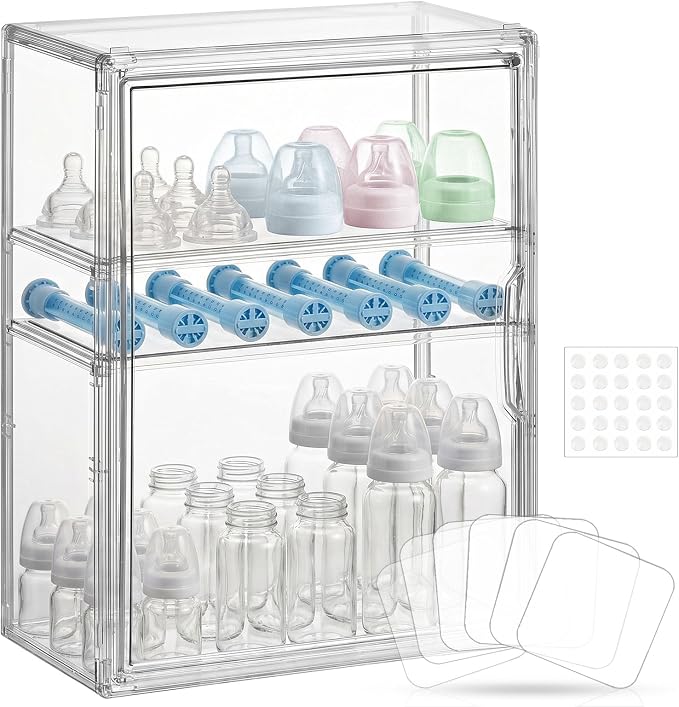 Baby Bottle Organizer – Large Adhesive Wall-Mount 3 Tier Adjustable Acrylic by KitHero
