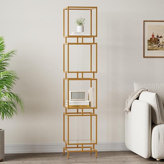 4 Cube Glass Shelf, 4-Tier Bookshelf, Display Shelf Rack, Metal Storage Rack by Furnify