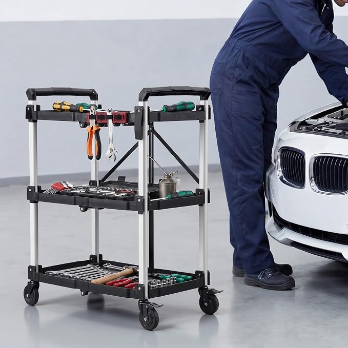 VEVOR 3 Shelf Heavy Duty Folding Jobsite Cart, 3 Tier Rolling Cart - Image 8