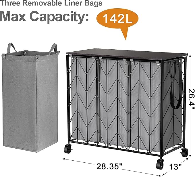 WOWLIVE Laundry Basket with Wheels, 142L Hamper 3 Section with Lid, Dirty - Image 4