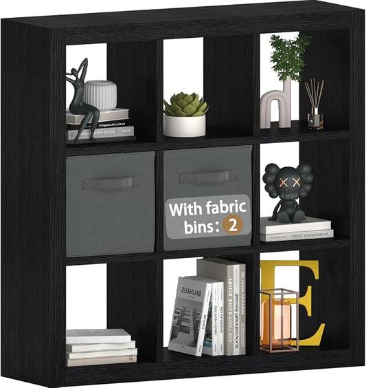 Bookshelf with Storage Bins, 9-Cube Storage Organizer Sturdy Wooden Bookcase by furtble