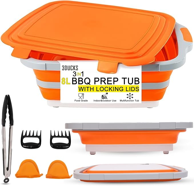 Collapsible BBQ Prep Tub 8L Orange | Portable Meat Marinating Container by Unknown